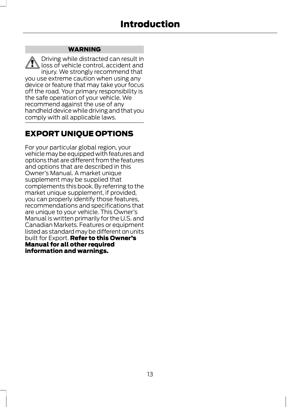 Export unique options, Introduction | FORD 2013 Escape v.3 User Manual | Page 16 / 434