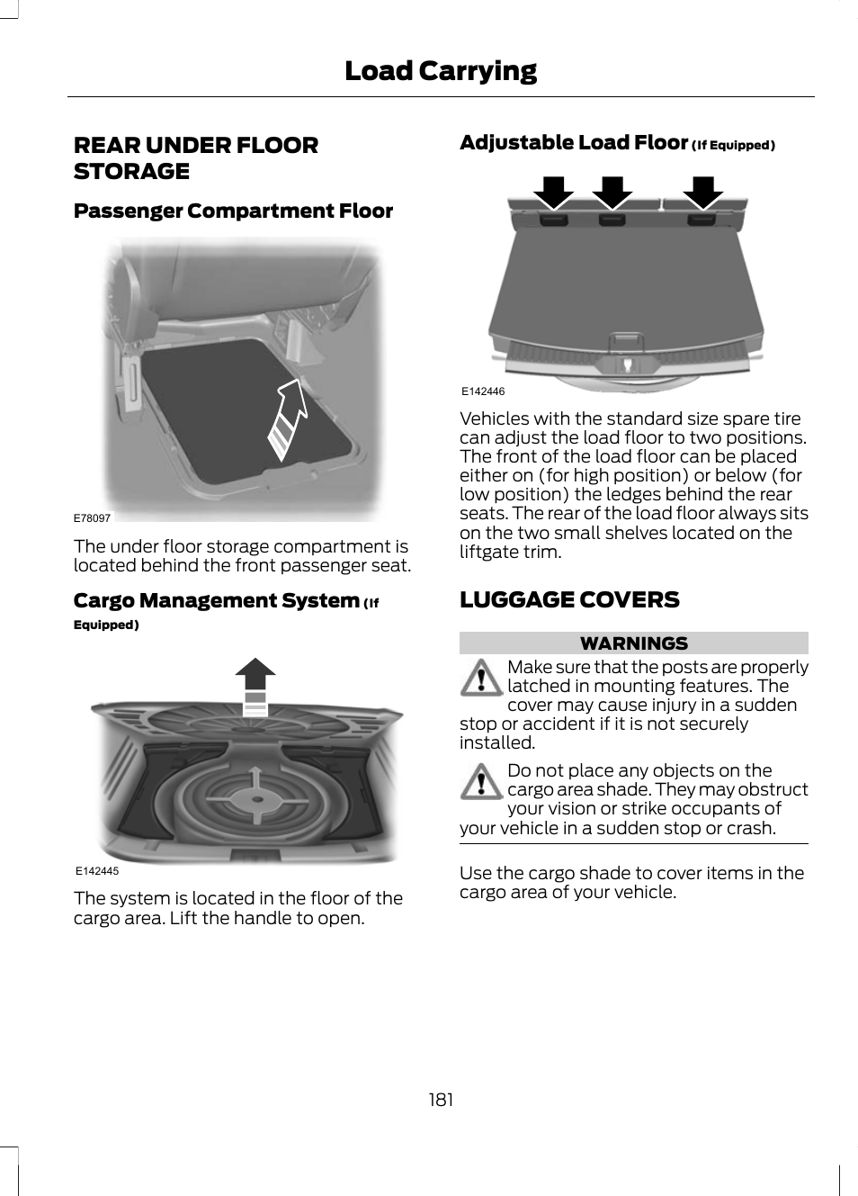 Load carrying, Rear under floor storage, Luggage covers | Rear under floor storage luggage covers | FORD 2013 Escape v.3 User Manual | Page 184 / 434