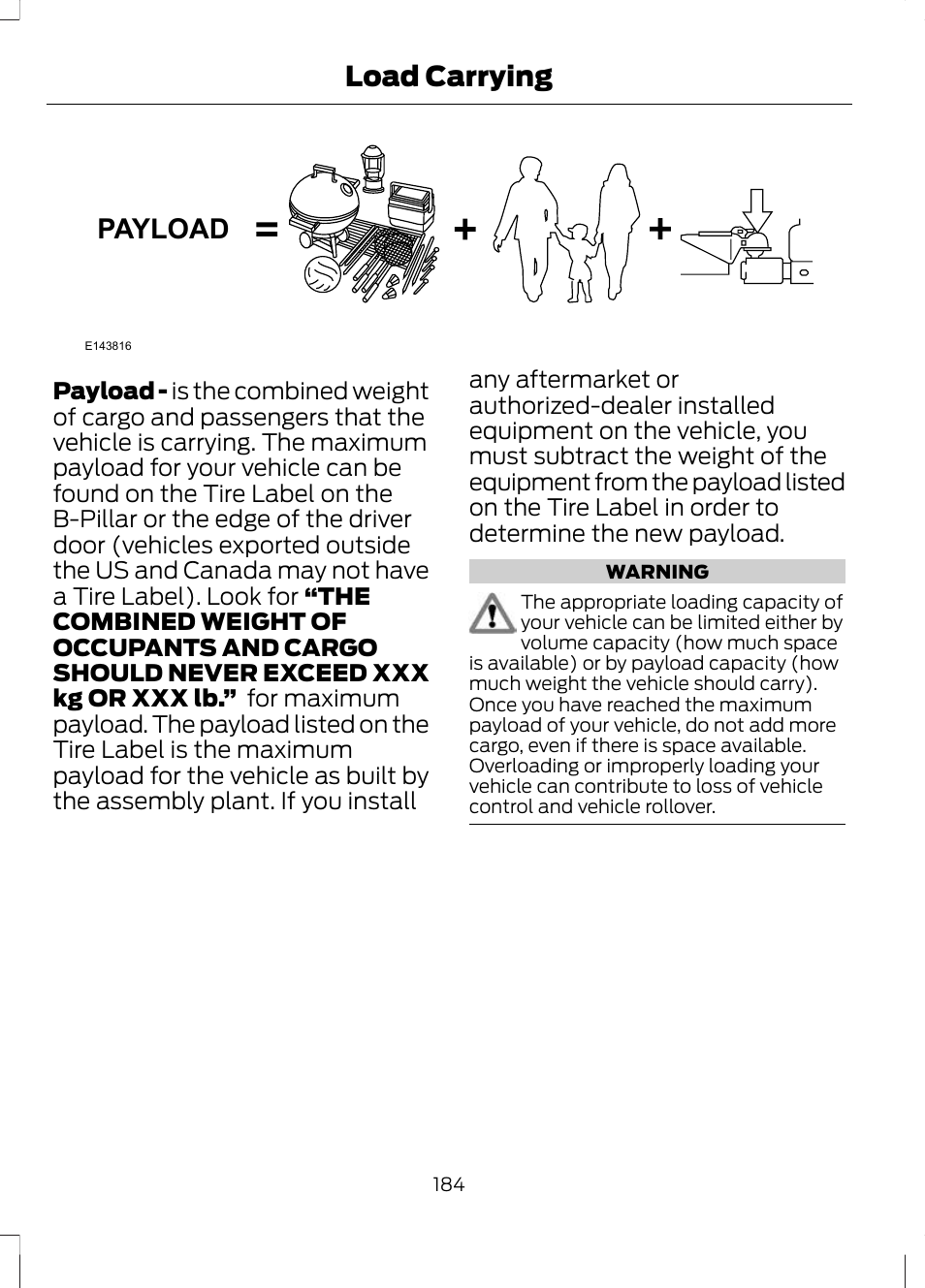 Payload, Load carrying | FORD 2013 Escape v.3 User Manual | Page 187 / 434