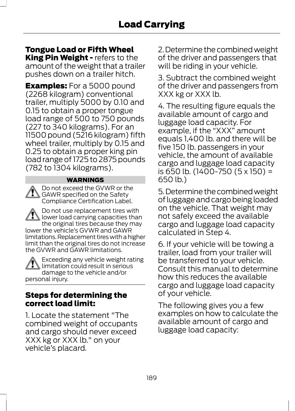 Load carrying | FORD 2013 Escape v.3 User Manual | Page 192 / 434