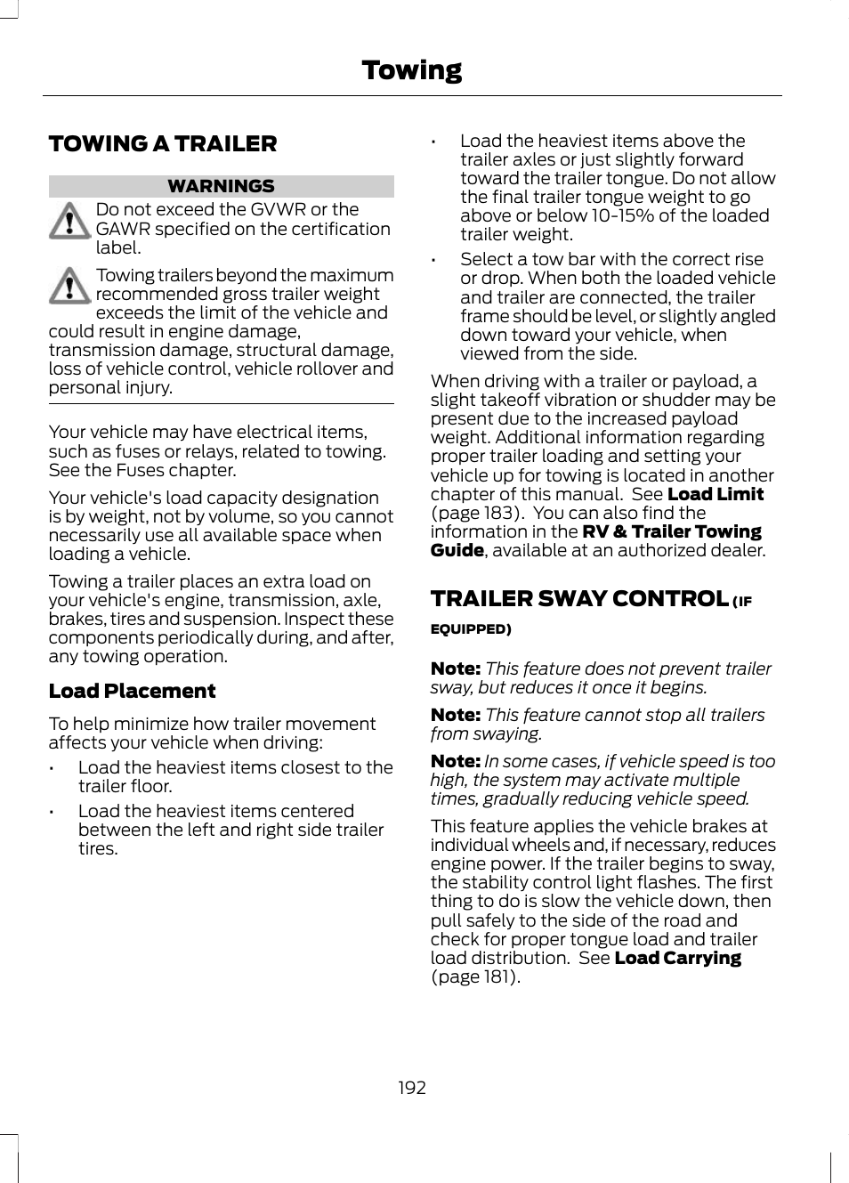 Towing, Towing a trailer, Trailer sway control | Towing a trailer trailer sway control | FORD 2013 Escape v.3 User Manual | Page 195 / 434