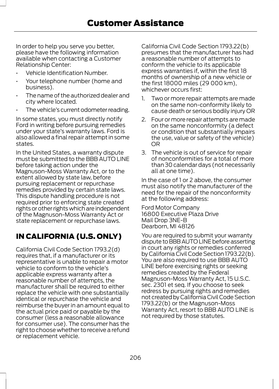 In california (u.s. only), Customer assistance | FORD 2013 Escape v.3 User Manual | Page 209 / 434