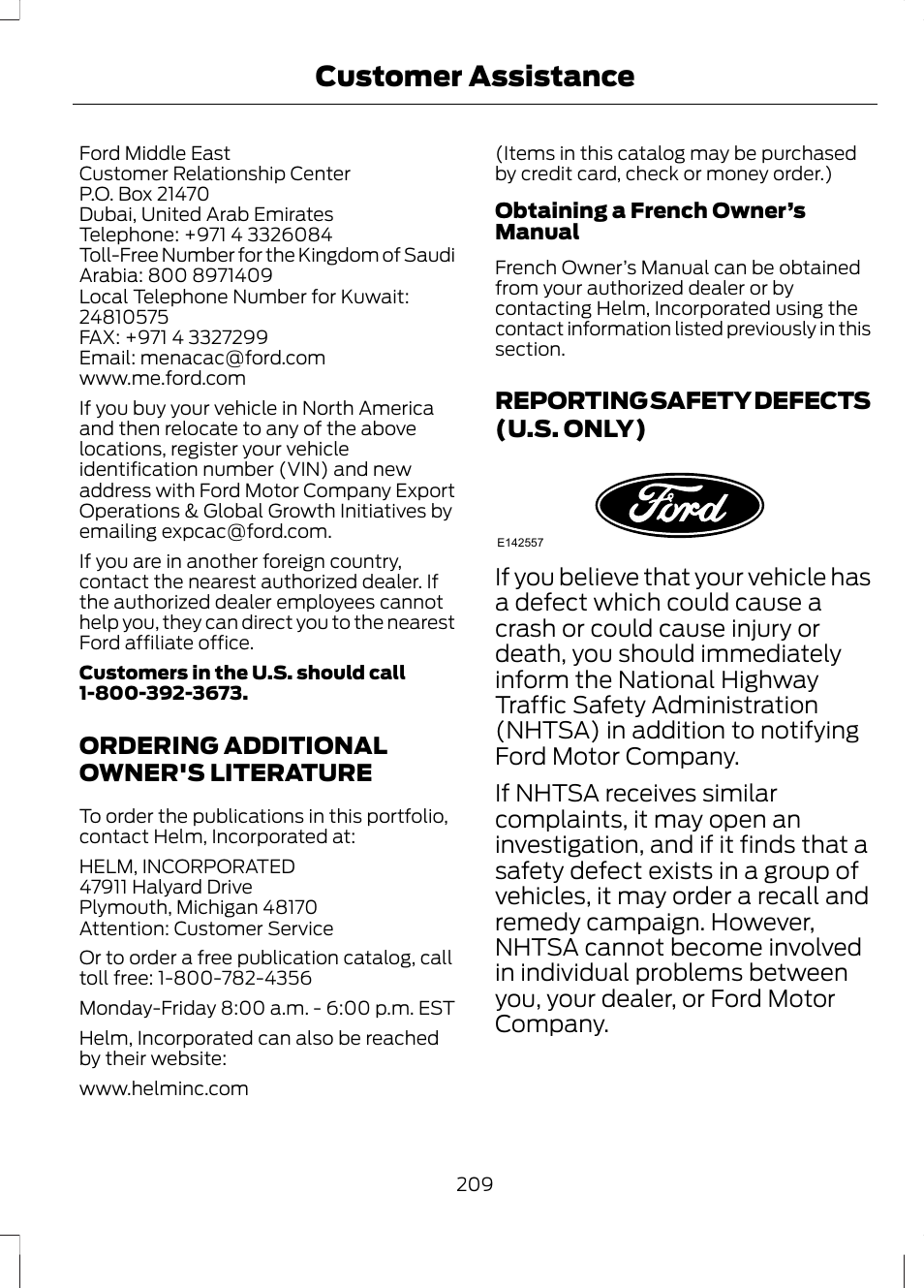 Ordering additional owner's literature, Reporting safety defects (u.s. only), Ordering additional owner's | Literature, Reporting safety defects (u.s, Only), Customer assistance | FORD 2013 Escape v.3 User Manual | Page 212 / 434