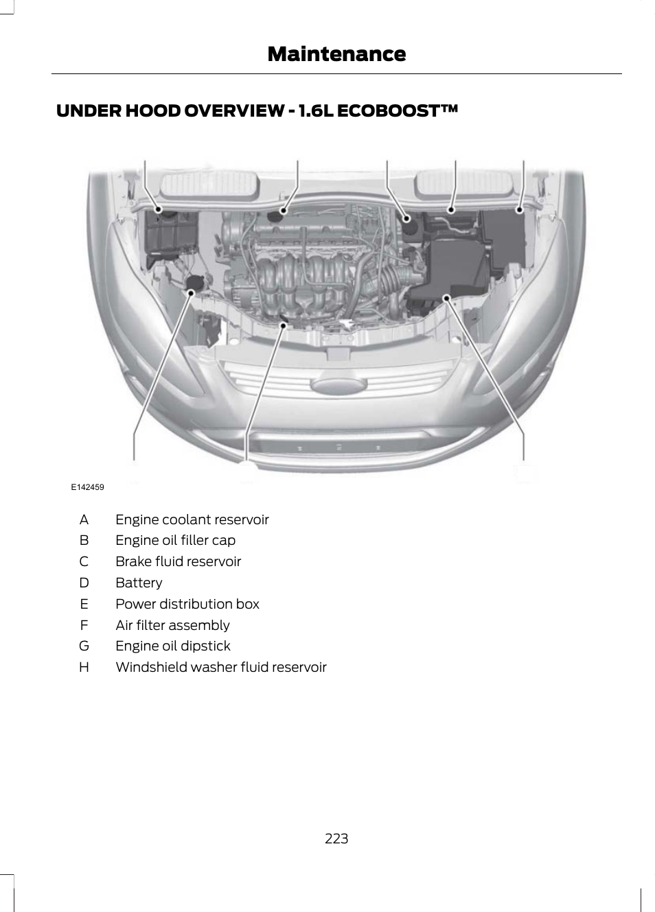 Under hood overview, Under hood overview - 1.6l, Ecoboost | Maintenance, Under hood overview - 1.6l ecoboost | FORD 2013 Escape v.3 User Manual | Page 226 / 434
