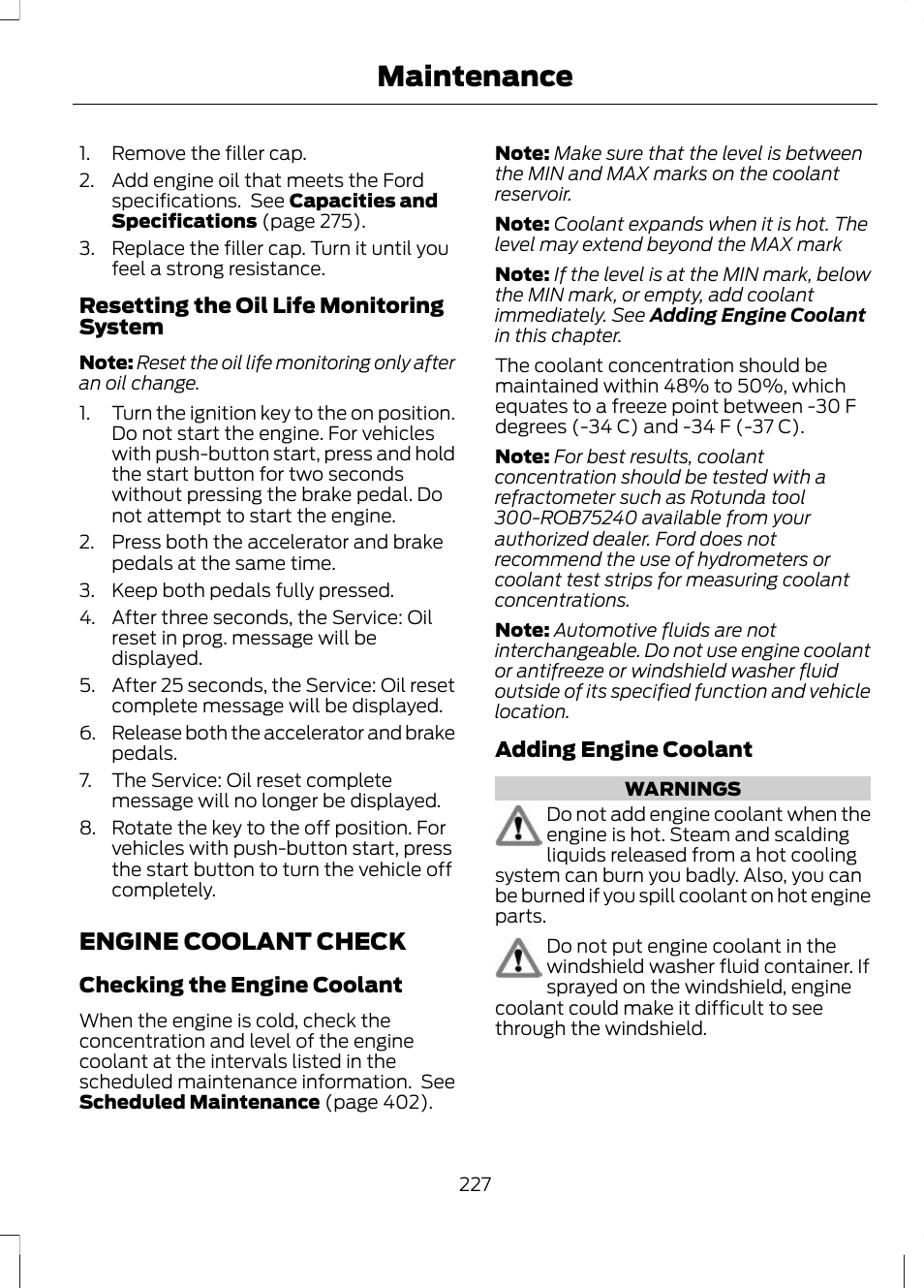 Engine coolant check, See engine, Maintenance | FORD 2013 Escape v.3 User Manual | Page 230 / 434