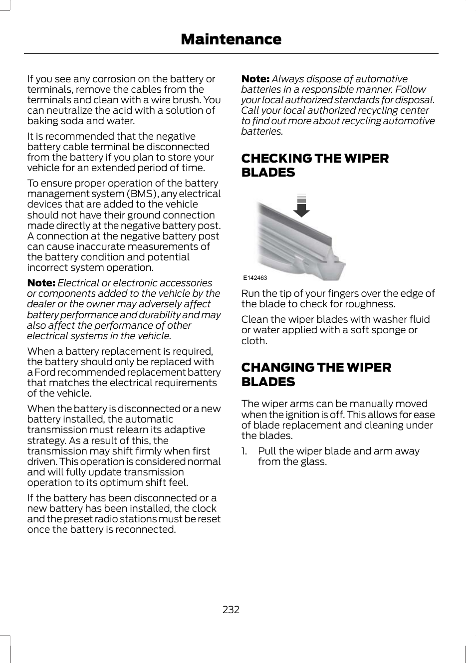 Checking the wiper blades, Changing the wiper blades, Maintenance | FORD 2013 Escape v.3 User Manual | Page 235 / 434