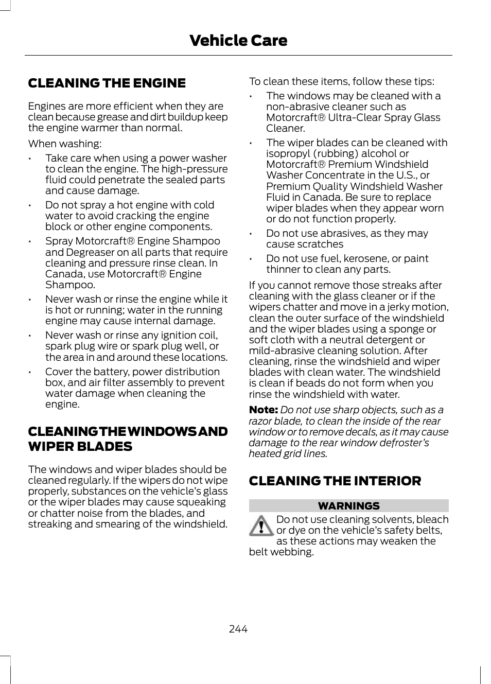 Cleaning the engine, Cleaning the windows and wiper blades, Cleaning the interior | Cleaning the engine cleaning the windows and wiper, Blades, Vehicle care | FORD 2013 Escape v.3 User Manual | Page 247 / 434