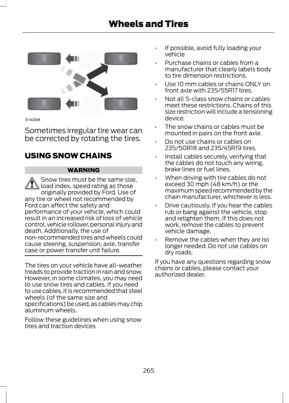 Using snow chains, Wheels and tires | FORD 2013 Escape v.3 User Manual | Page 268 / 434