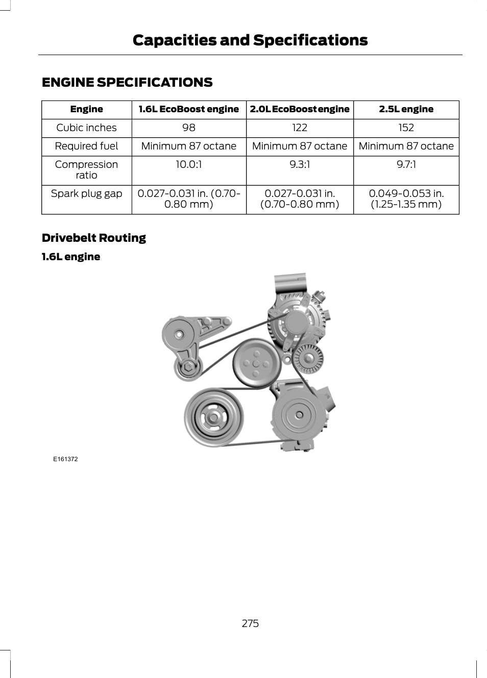 Capacities and specifications, Engine specifications, Capacities and specific | Ations | FORD 2013 Escape v.3 User Manual | Page 278 / 434