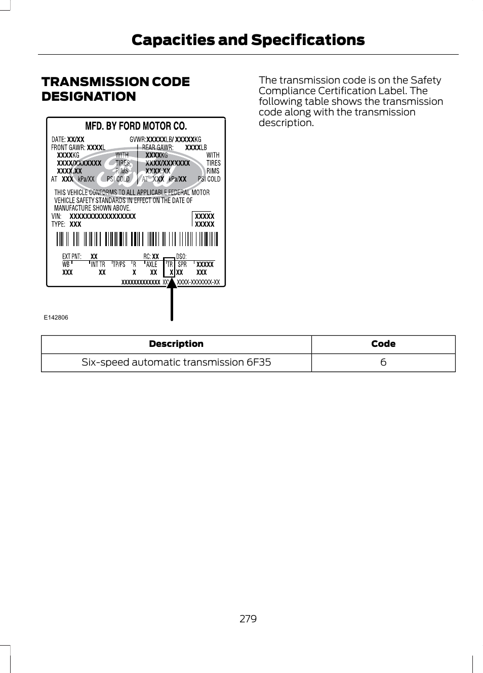 Transmission code designation, Capacities and specifications | FORD 2013 Escape v.3 User Manual | Page 282 / 434