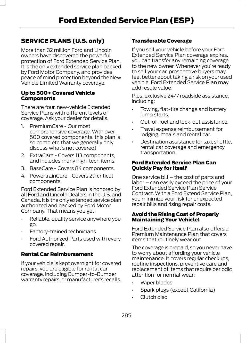 Ford extended service plan (esp), Ford extended service plan, Esp) | FORD 2013 Escape v.3 User Manual | Page 288 / 434