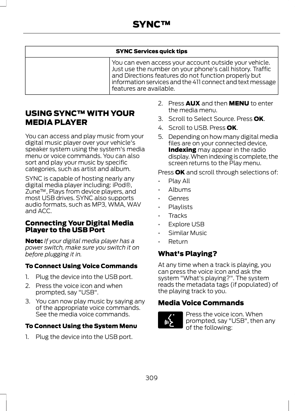 Using sync™ with your media player, Using sync™ with your media, Player | Sync | FORD 2013 Escape v.3 User Manual | Page 312 / 434