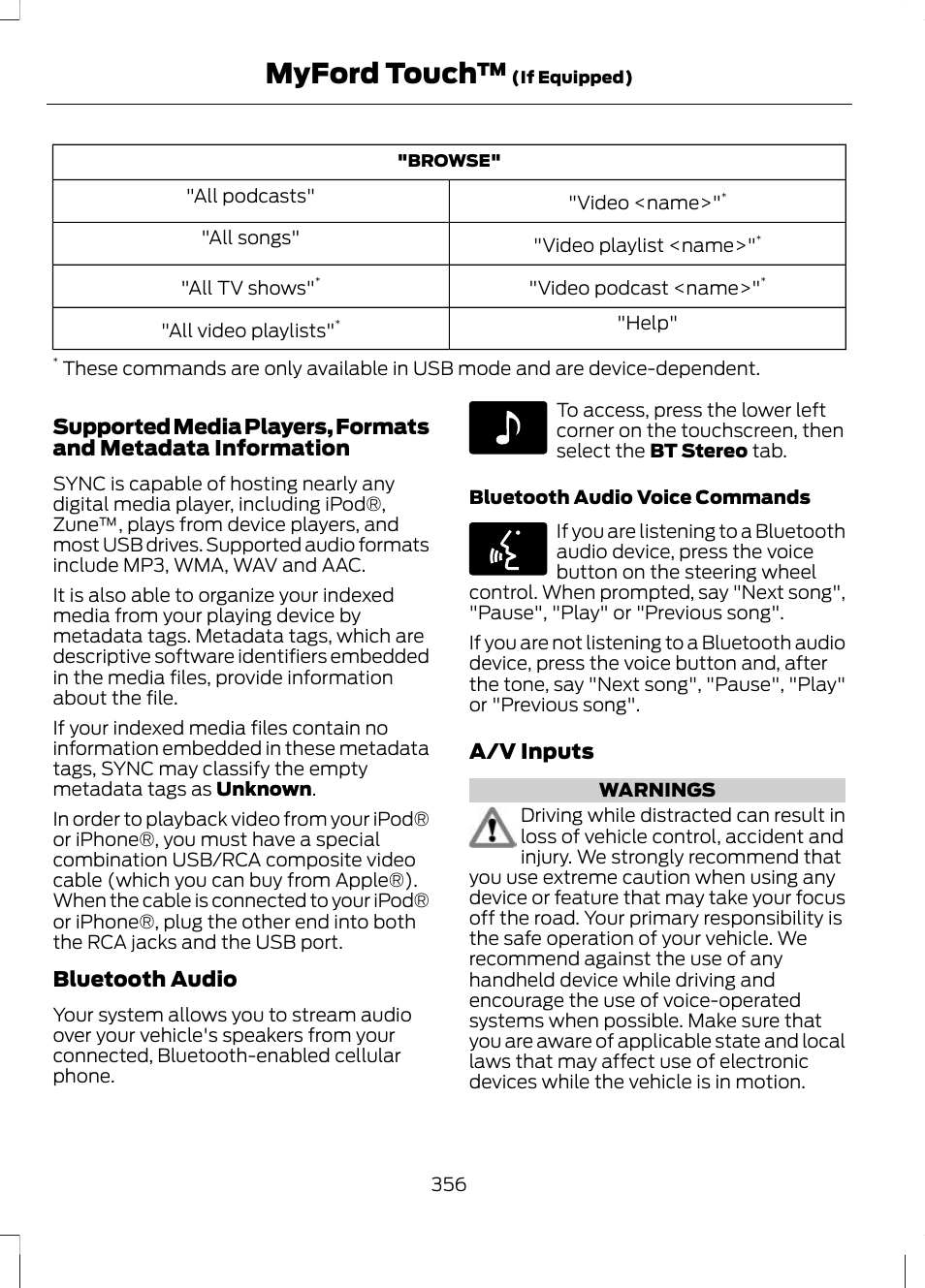 Myford touch, Bluetooth audio, A/v inputs | FORD 2013 Escape v.3 User Manual | Page 359 / 434