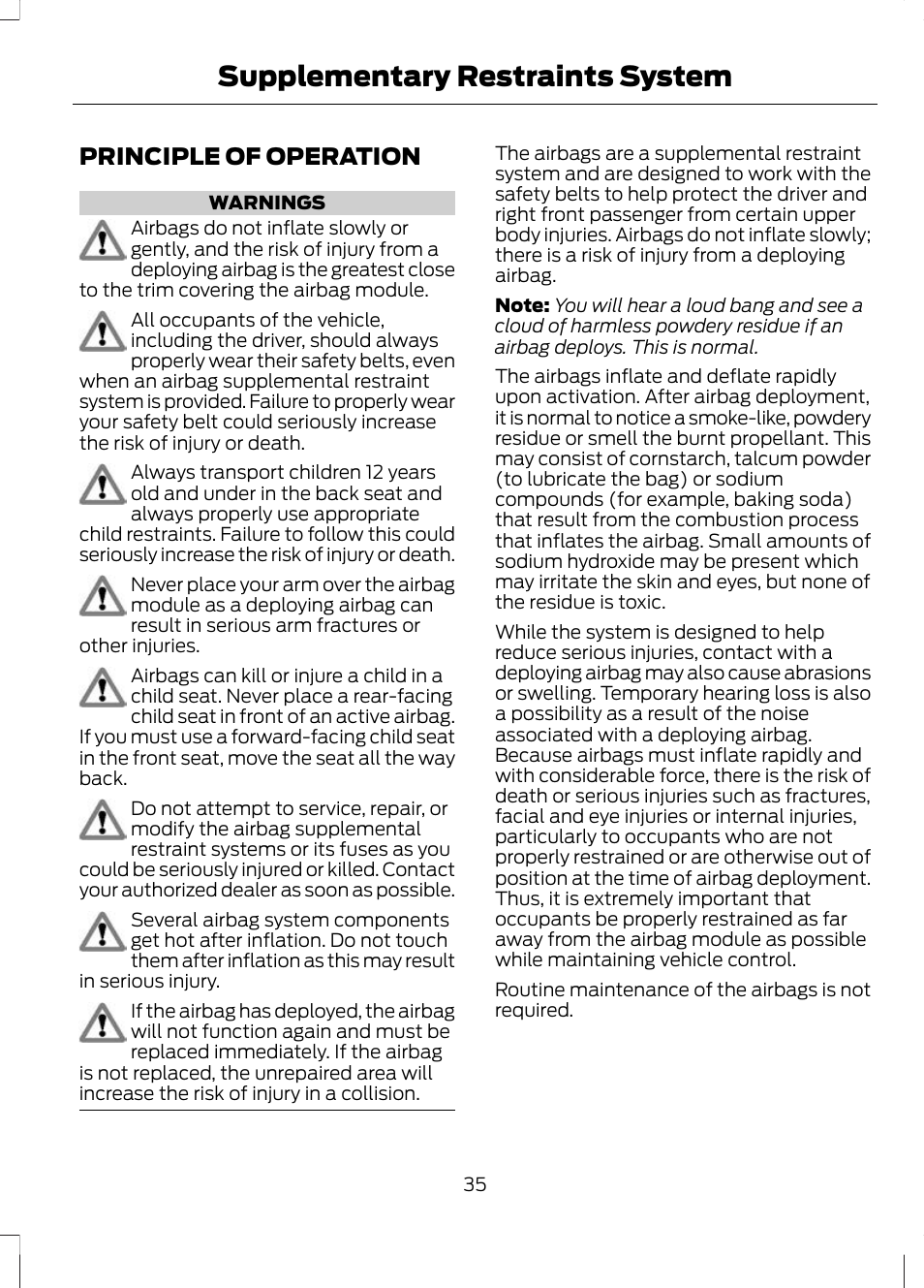 Supplementary restraints system, Principle of operation, Supplementary restraints | System | FORD 2013 Escape v.3 User Manual | Page 38 / 434