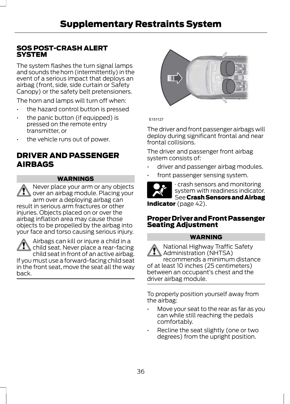 Driver and passenger airbags, Supplementary restraints system | FORD 2013 Escape v.3 User Manual | Page 39 / 434