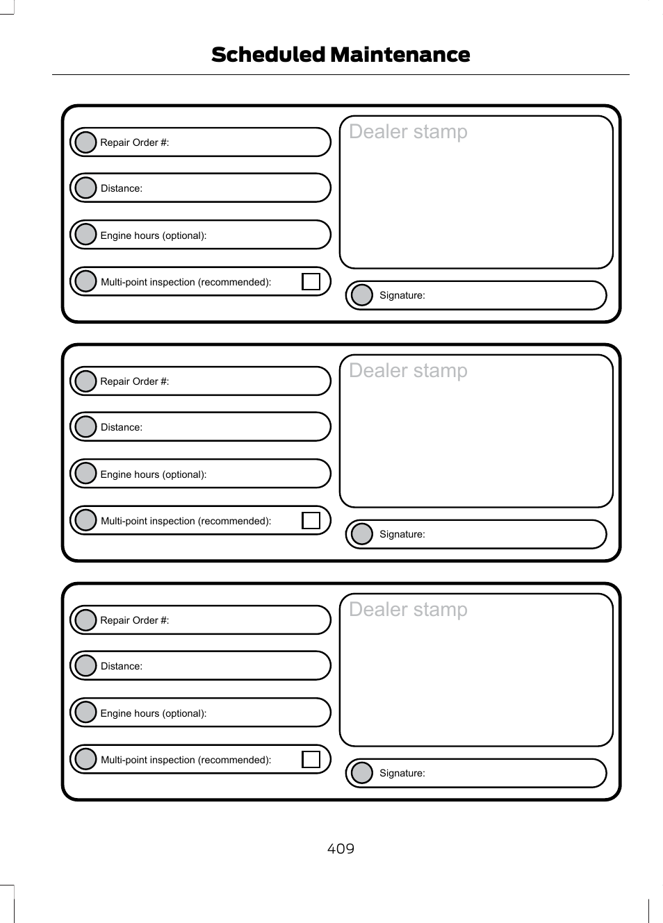 Dealer stamp, Scheduled maintenance | FORD 2013 Escape v.3 User Manual | Page 412 / 434