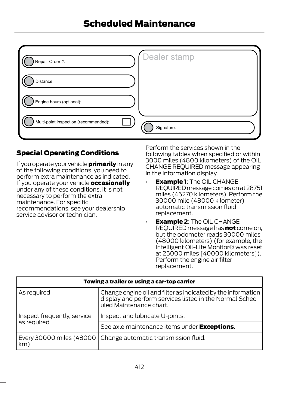 Dealer stamp, Scheduled maintenance | FORD 2013 Escape v.3 User Manual | Page 415 / 434