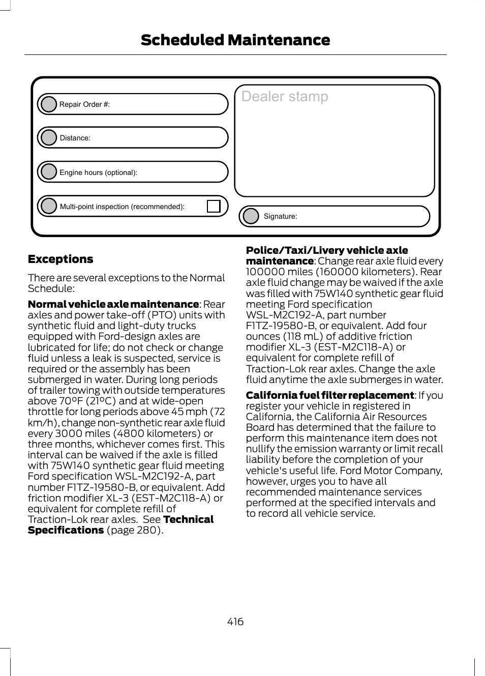 Dealer stamp, Scheduled maintenance | FORD 2013 Escape v.3 User Manual | Page 419 / 434