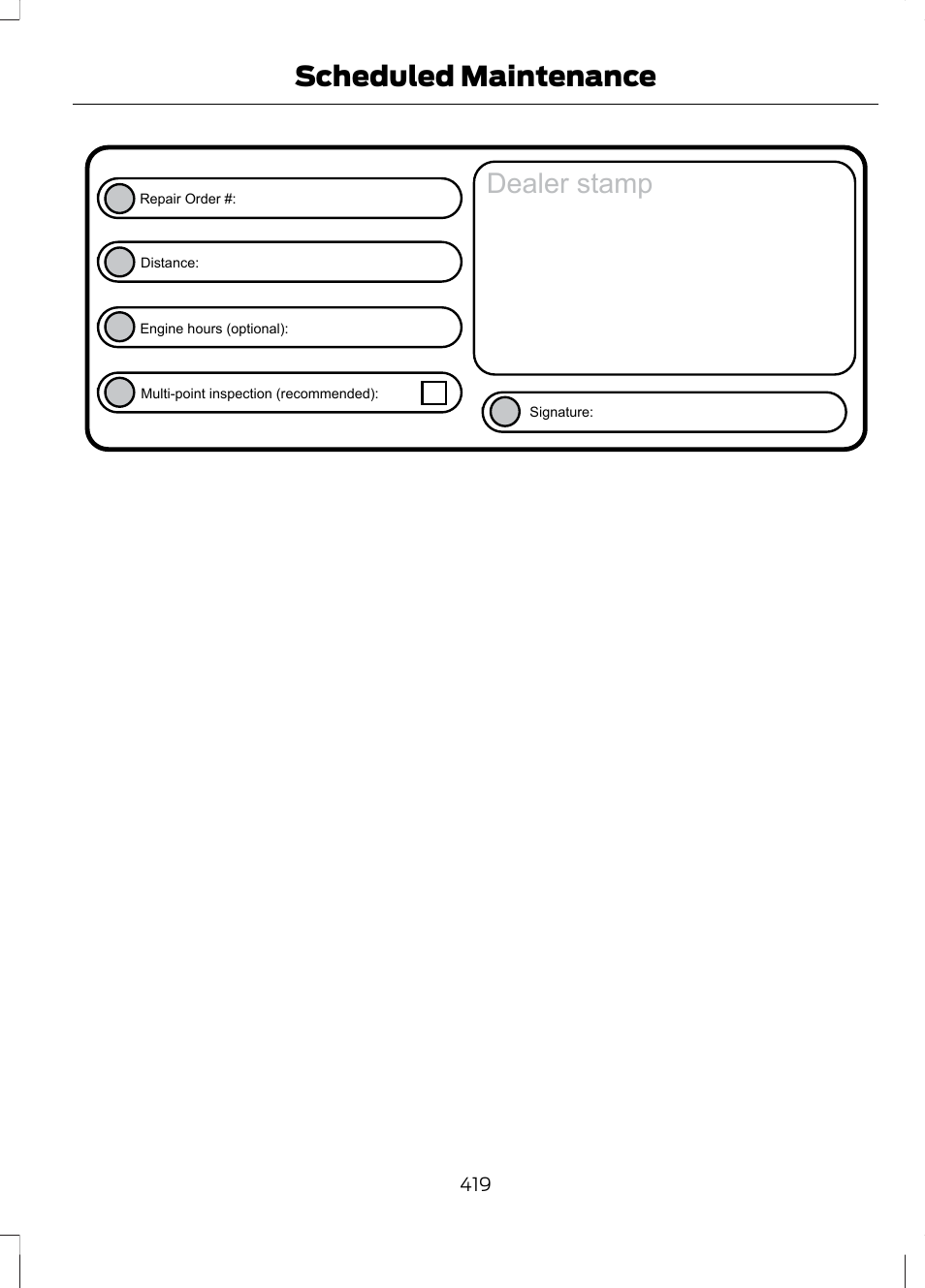 Dealer stamp, Scheduled maintenance | FORD 2013 Escape v.3 User Manual | Page 422 / 434