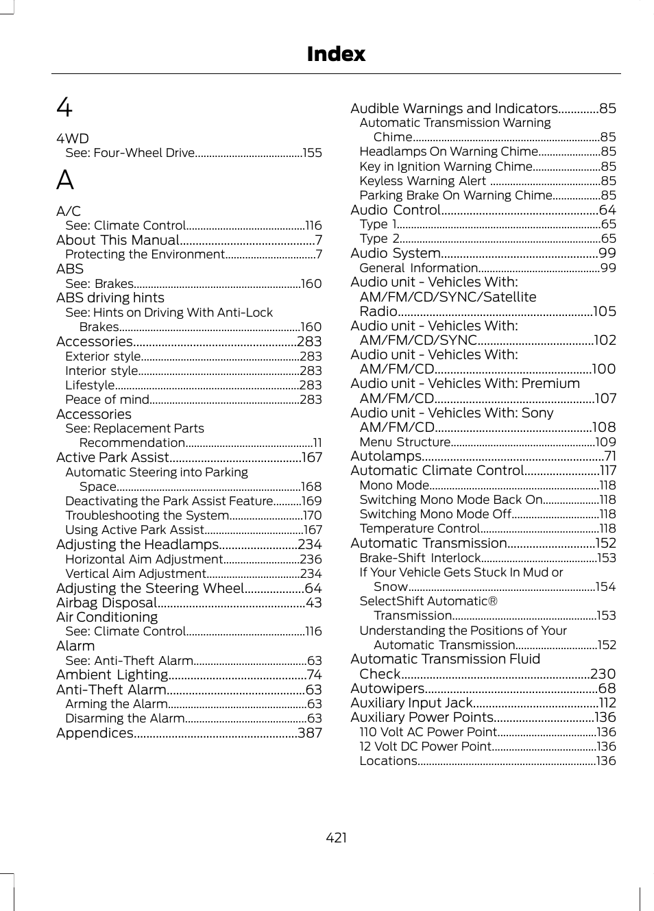Index | FORD 2013 Escape v.3 User Manual | Page 424 / 434