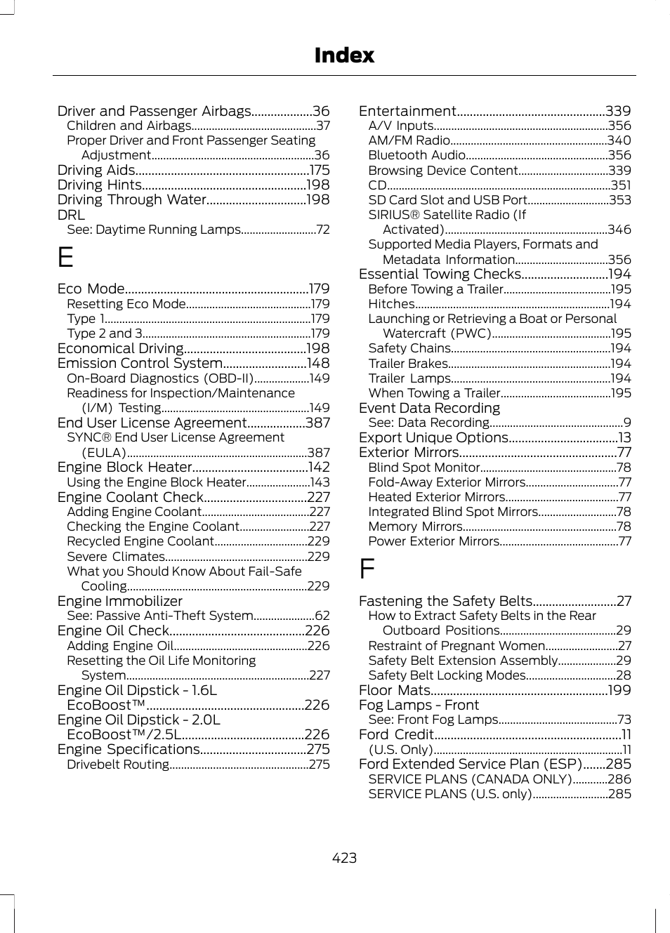 Index | FORD 2013 Escape v.3 User Manual | Page 426 / 434