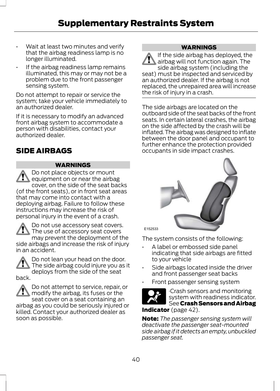 Side airbags, Supplementary restraints system | FORD 2013 Escape v.3 User Manual | Page 43 / 434