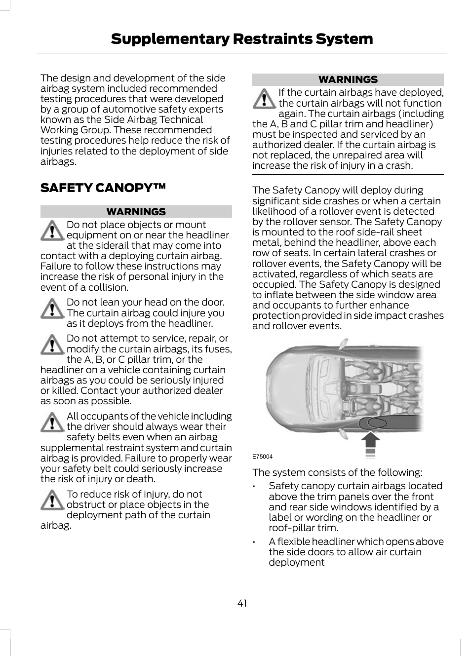 Safety canopy, Supplementary restraints system | FORD 2013 Escape v.3 User Manual | Page 44 / 434