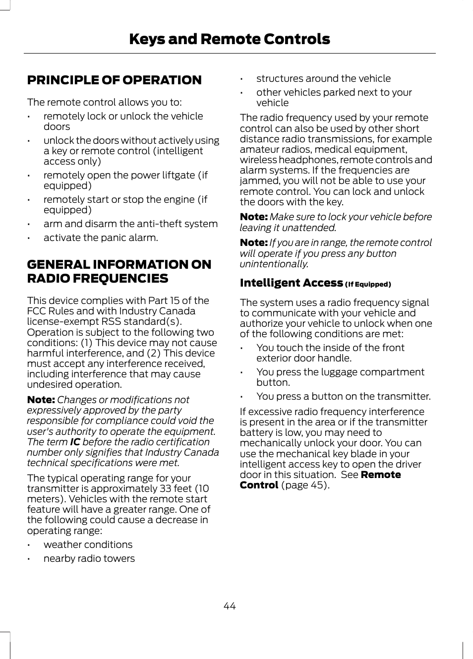 Keys and remote controls, Principle of operation, General information on radio frequencies | Frequencies | FORD 2013 Escape v.3 User Manual | Page 47 / 434