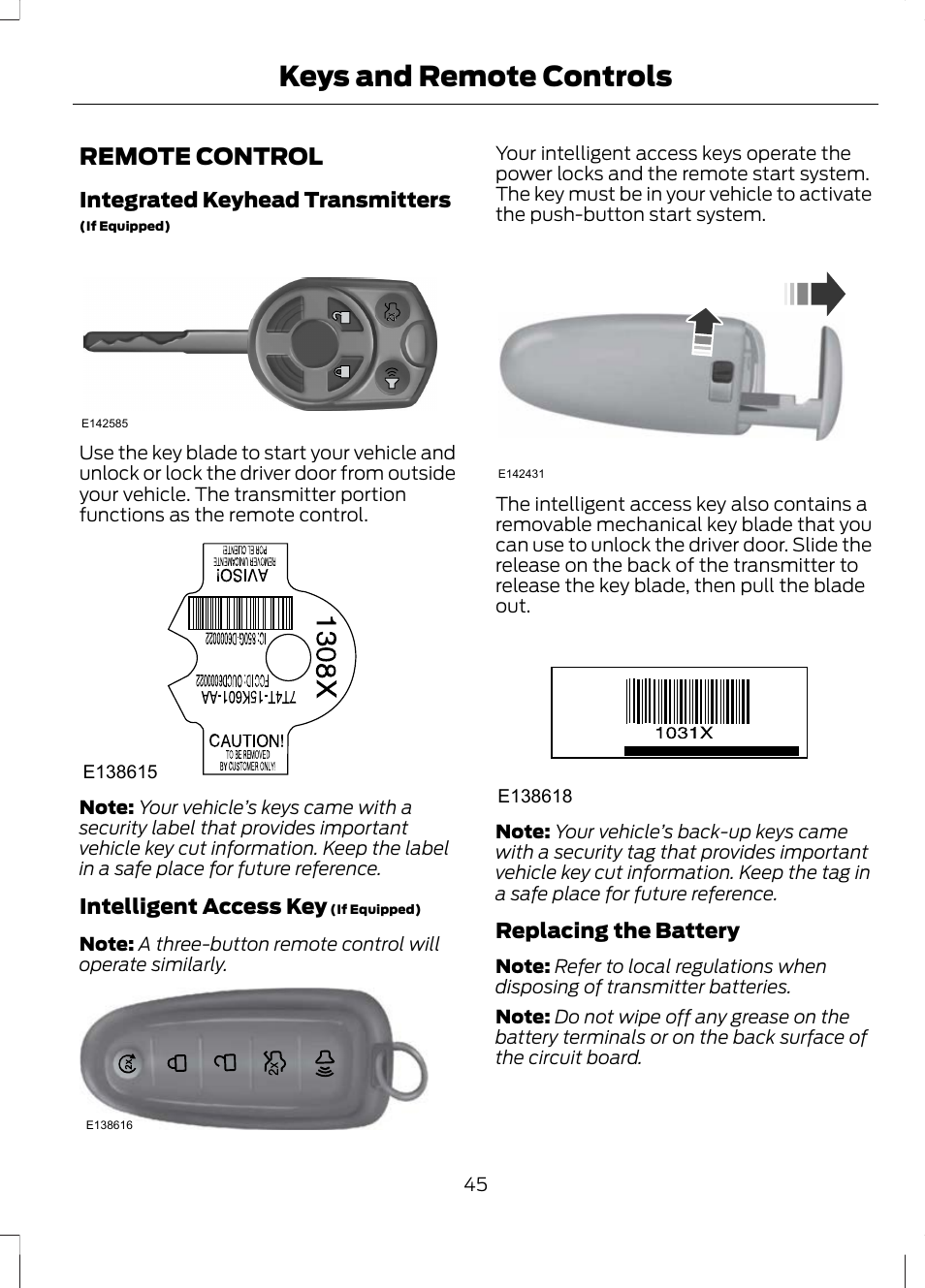 Remote control, Keys and remote controls | FORD 2013 Escape v.3 User Manual | Page 48 / 434