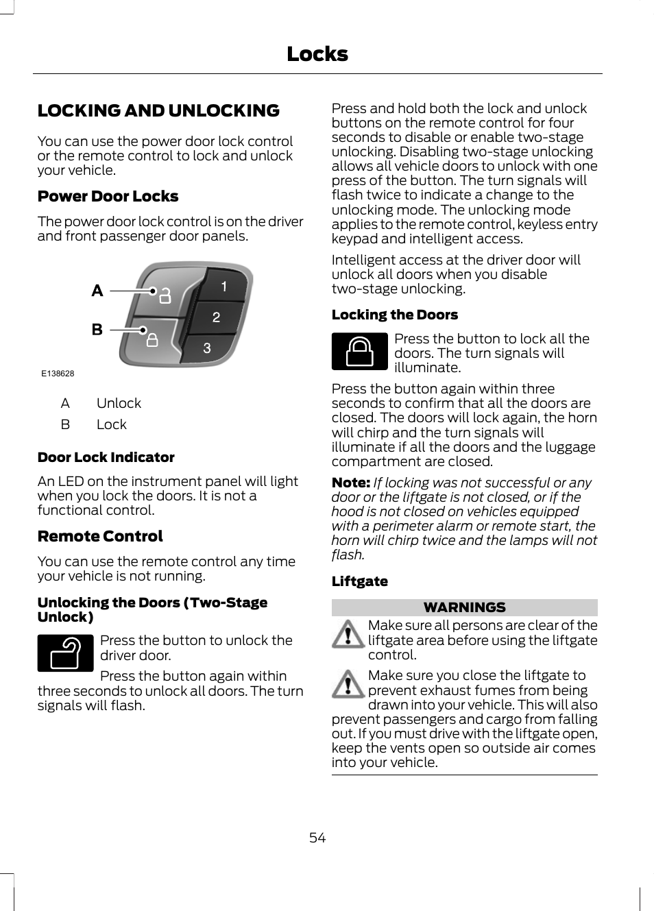 Locks, Locking and unlocking | FORD 2013 Escape v.3 User Manual | Page 57 / 434