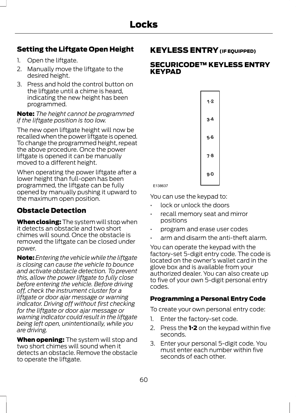 Keyless entry, Locks | FORD 2013 Escape v.3 User Manual | Page 63 / 434