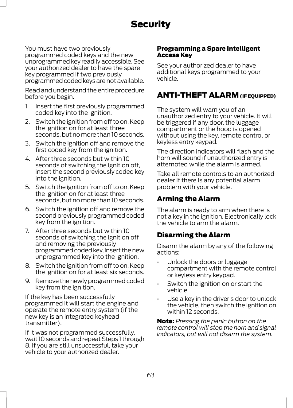 Anti-theft alarm, Security | FORD 2013 Escape v.3 User Manual | Page 66 / 434