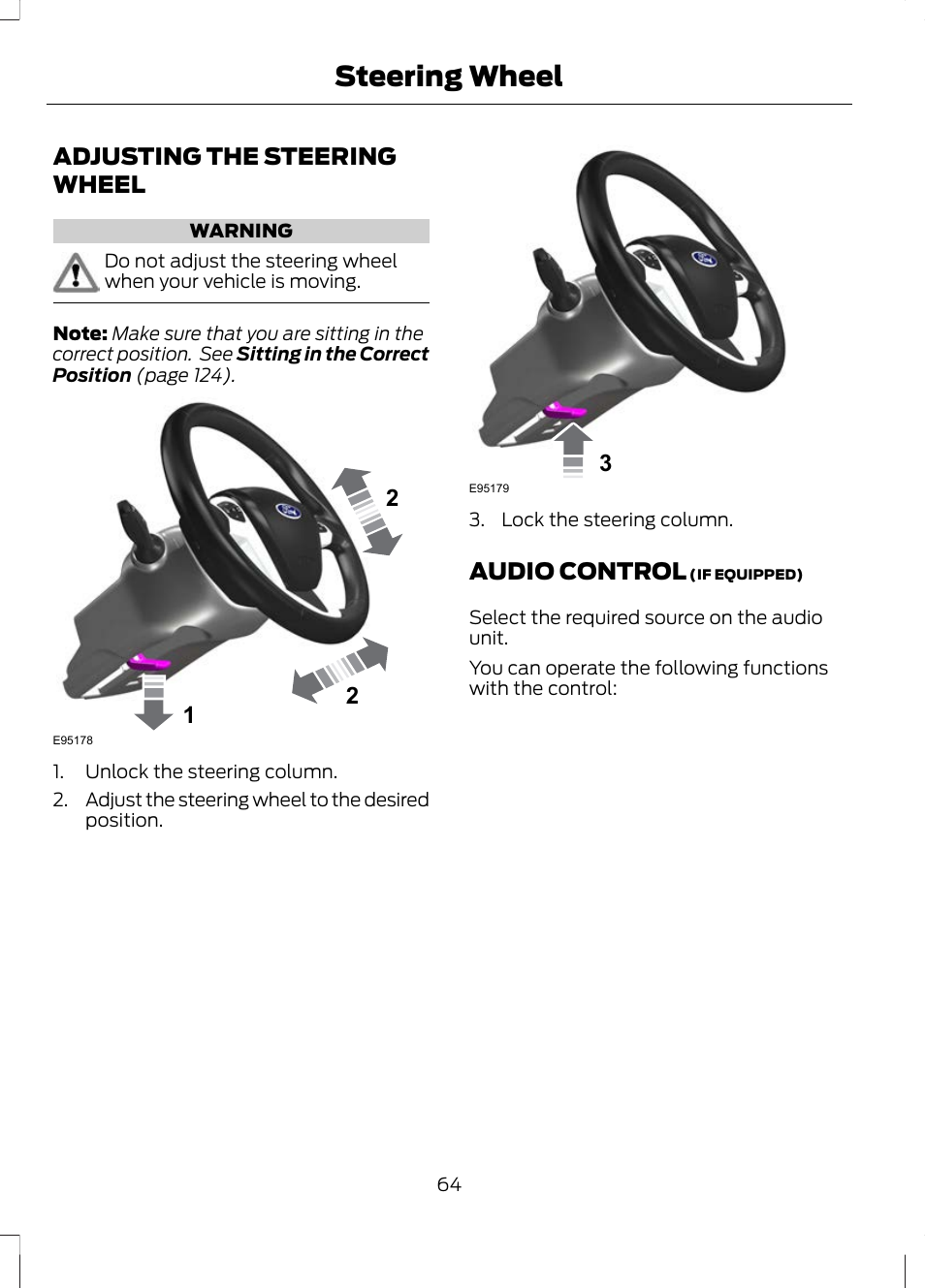 Steering wheel, Adjusting the steering wheel, Audio control | Adjusting the steering wheel audio control | FORD 2013 Escape v.3 User Manual | Page 67 / 434