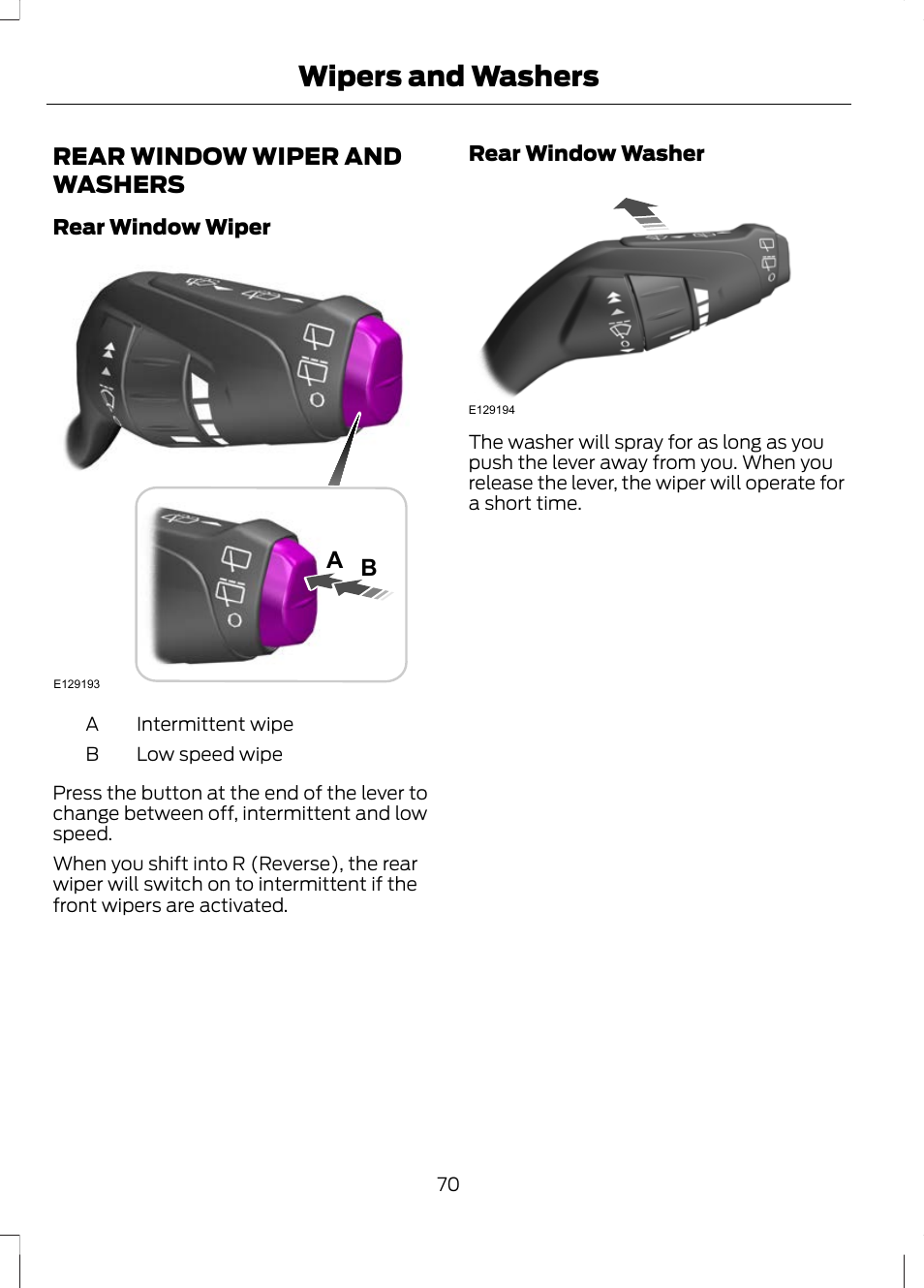 Rear window wiper and washers, Wipers and washers | FORD 2013 Escape v.3 User Manual | Page 73 / 434