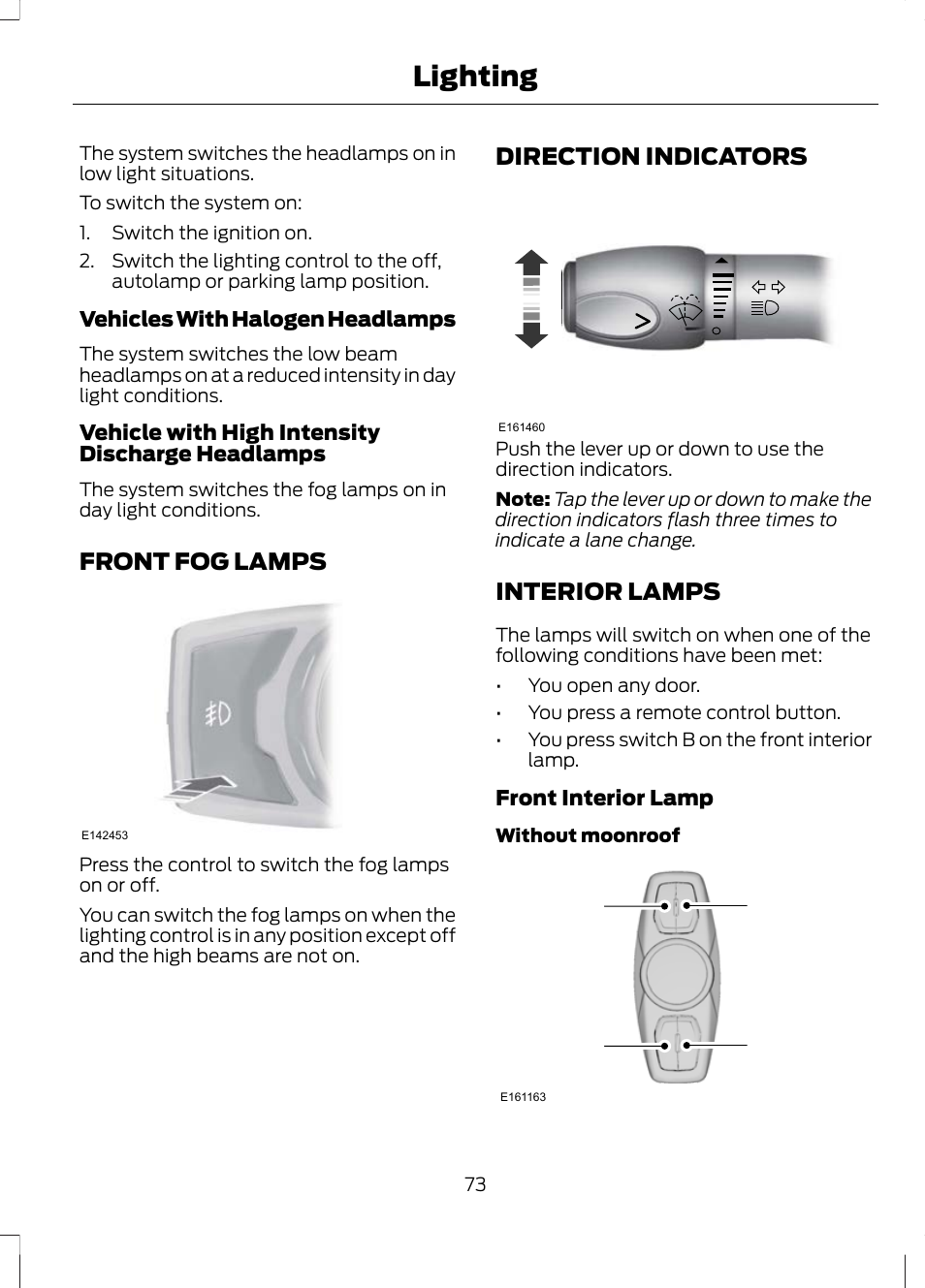 Front fog lamps, Direction indicators, Interior lamps | Lighting, Bc a d | FORD 2013 Escape v.3 User Manual | Page 76 / 434