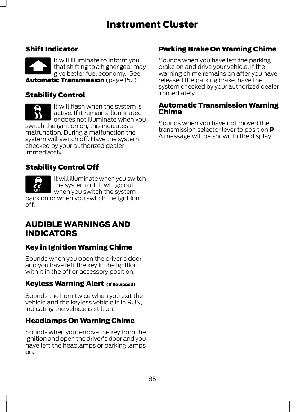 Audible warnings and indicators, Instrument cluster | FORD 2013 Escape v.3 User Manual | Page 88 / 434