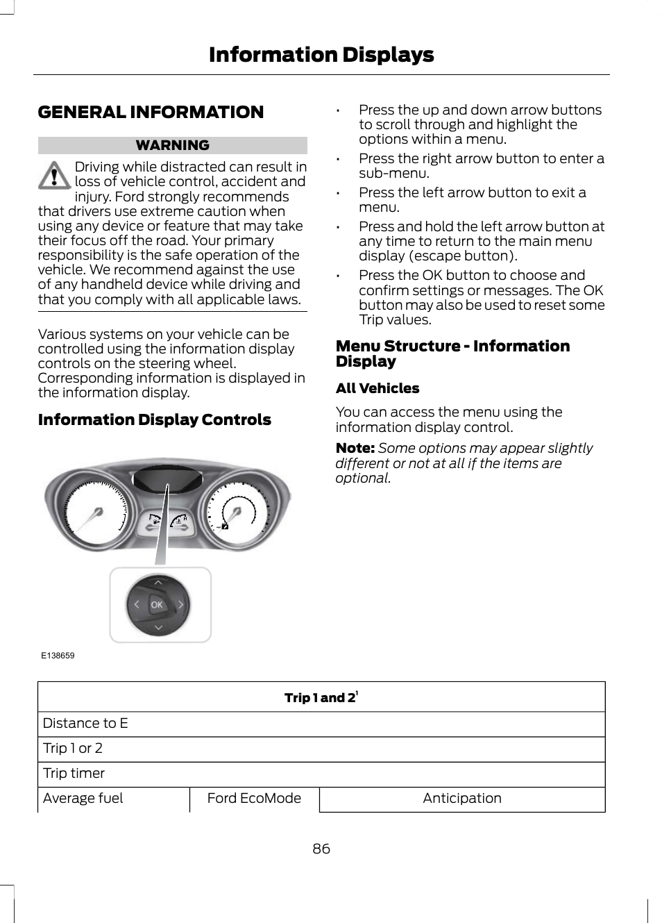 Information displays, General information | FORD 2013 Escape v.3 User Manual | Page 89 / 434