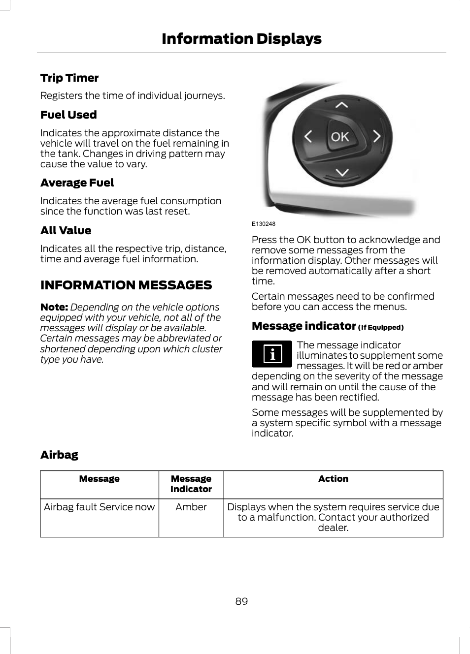 Information messages, Information displays | FORD 2013 Escape v.3 User Manual | Page 92 / 434
