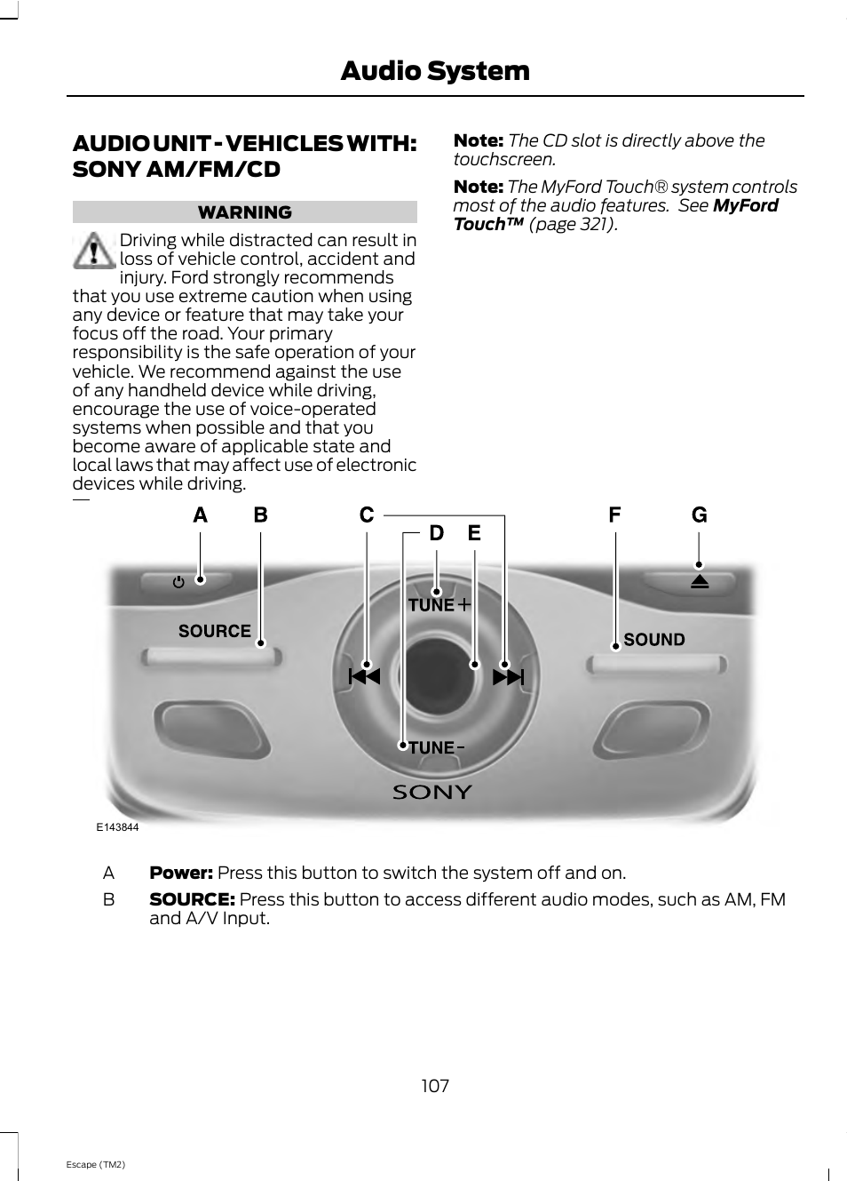 Audio system, Audio unit - vehicles with: sony am/fm/cd | FORD 2013 Escape v.4 User Manual | Page 111 / 433