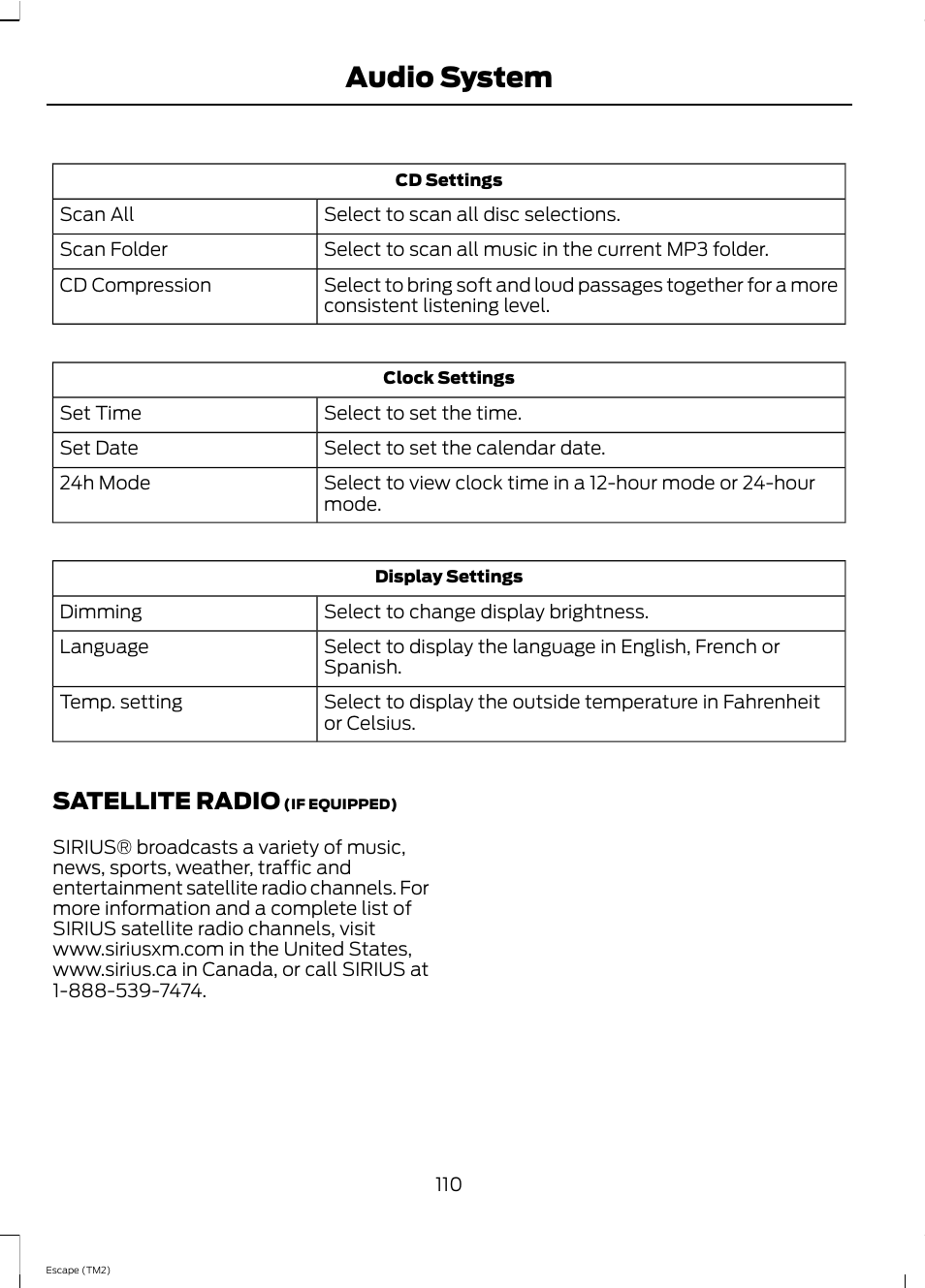 Audio system, Satellite radio | FORD 2013 Escape v.4 User Manual | Page 114 / 433