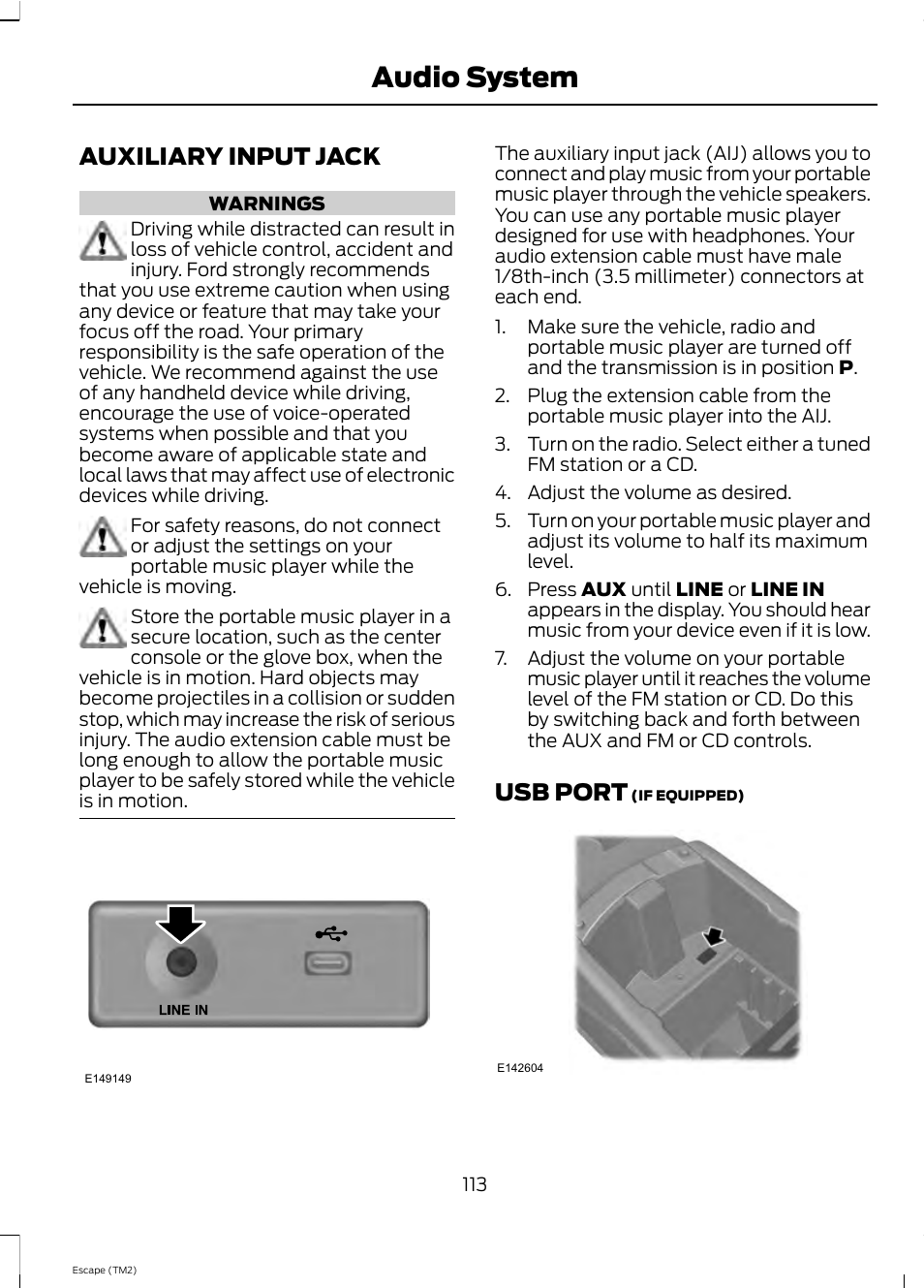 Audio system, Auxiliary input jack, Usb port | FORD 2013 Escape v.4 User Manual | Page 117 / 433