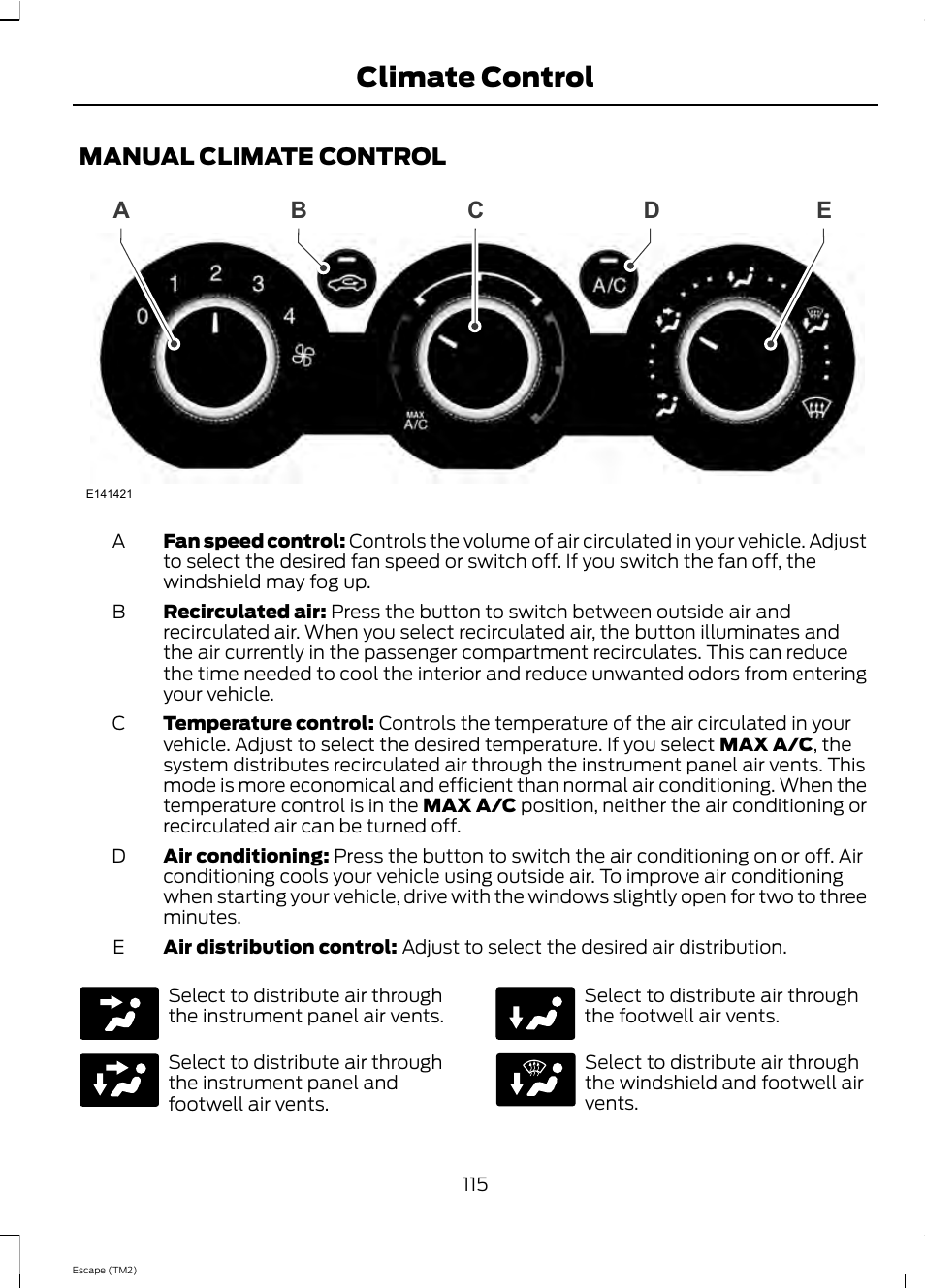 Climate control, Manual climate control | FORD 2013 Escape v.4 User Manual | Page 119 / 433