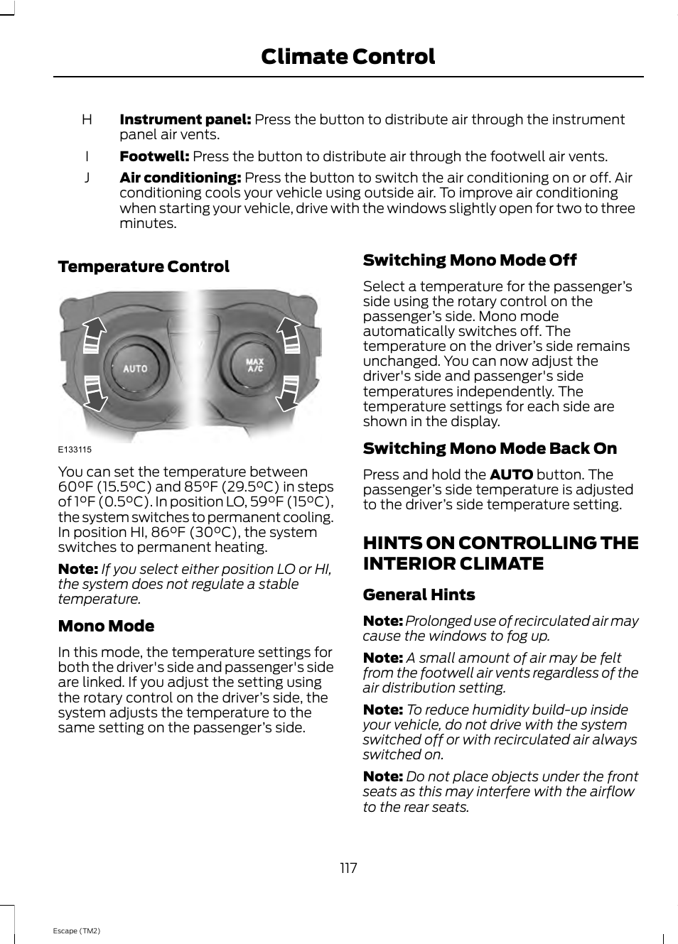 Climate control, Hints on controlling the interior climate | FORD 2013 Escape v.4 User Manual | Page 121 / 433