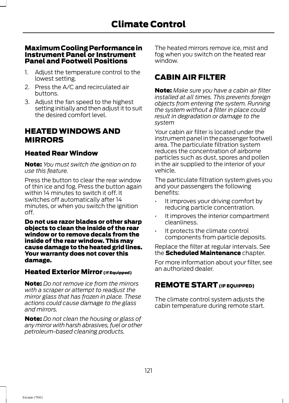 Climate control, Heated windows and mirrors, Cabin air filter | Remote start | FORD 2013 Escape v.4 User Manual | Page 125 / 433