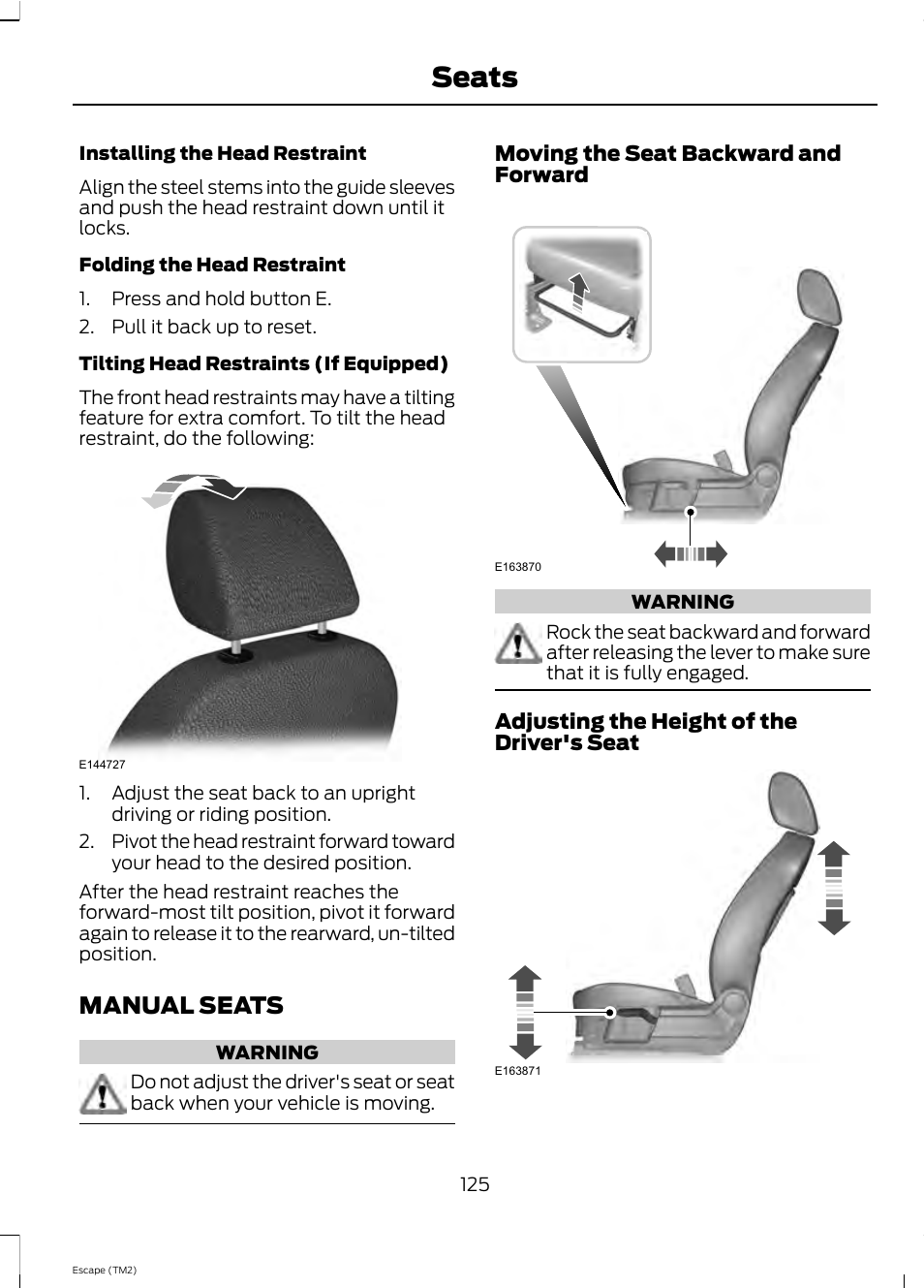 Seats, Manual seats | FORD 2013 Escape v.4 User Manual | Page 129 / 433