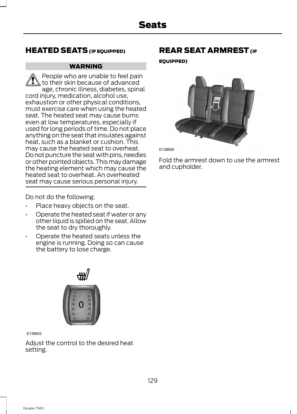 Seats, Heated seats, Rear seat armrest | FORD 2013 Escape v.4 User Manual | Page 133 / 433
