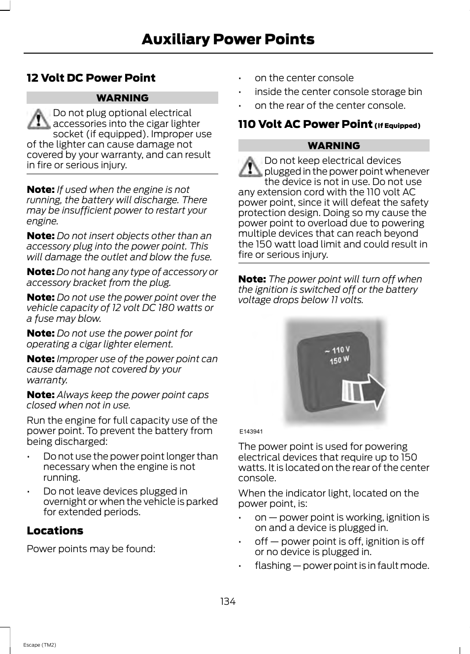 Auxiliary power points | FORD 2013 Escape v.4 User Manual | Page 138 / 433