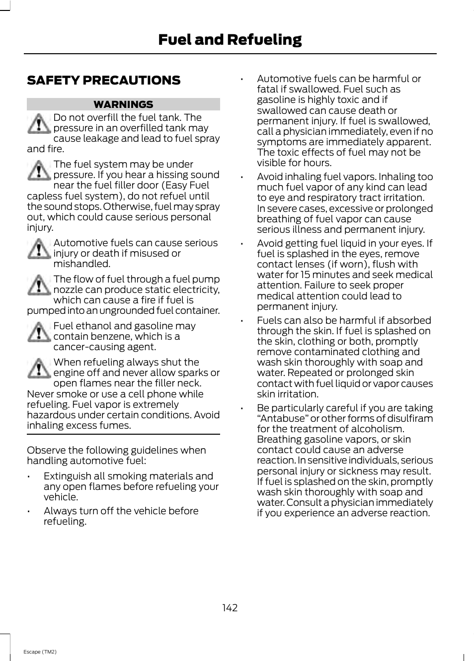 Fuel and refueling, Safety precautions | FORD 2013 Escape v.4 User Manual | Page 146 / 433