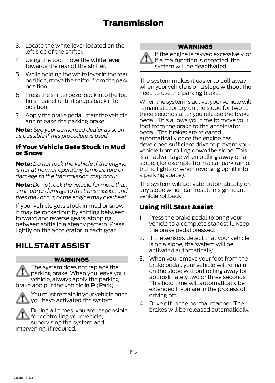 Transmission, Hill start assist | FORD 2013 Escape v.4 User Manual | Page 156 / 433