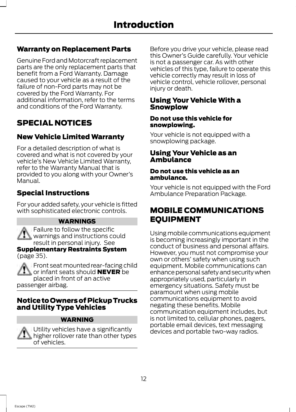 Introduction, Special notices, Mobile communications equipment | FORD 2013 Escape v.4 User Manual | Page 16 / 433